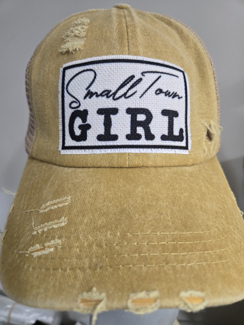 Small Town Girl Distressed Mustard Cap NWT